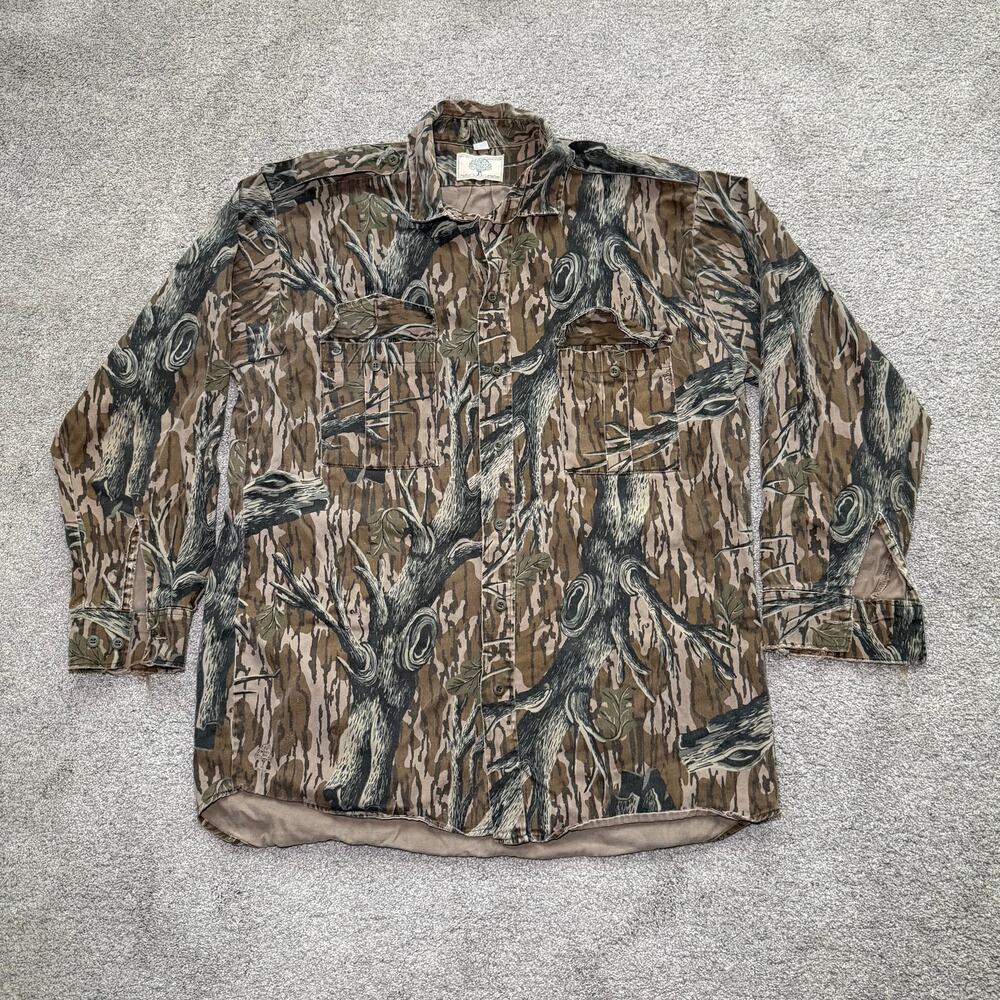 Vintage Mossy Oak Shirt Mens L Distressed Treestand Camo Button Up 80s USA